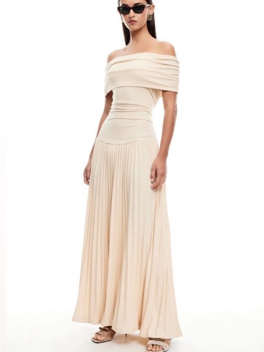 Lioness Off-Shoulder Pleated Maxi Dress in Cream